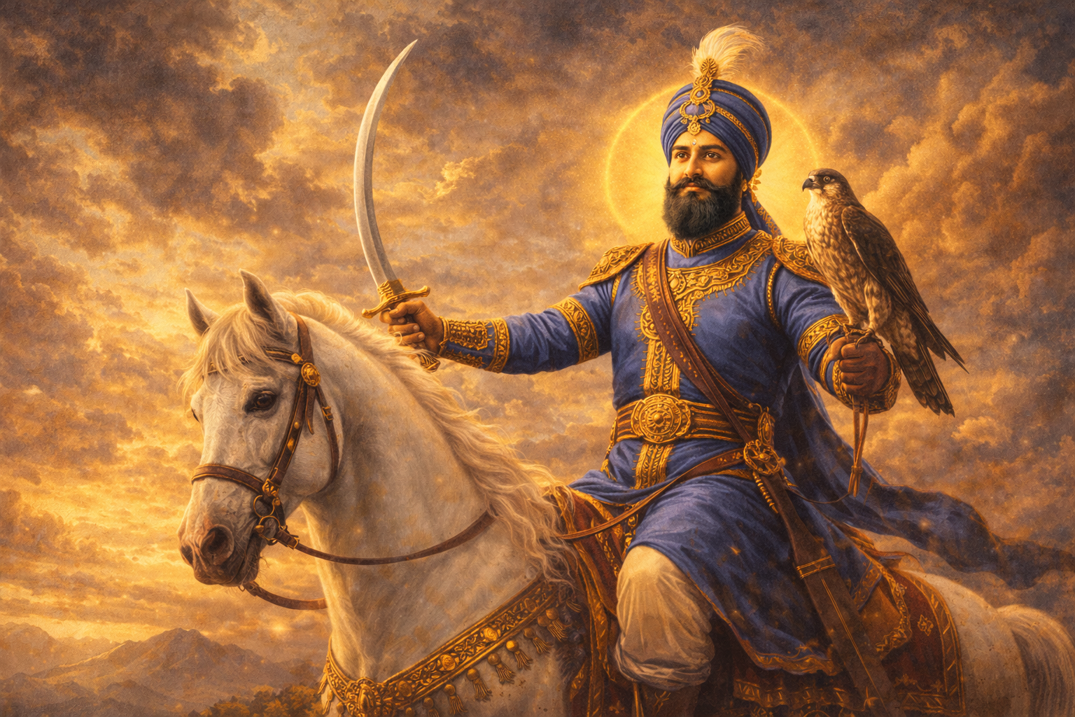 Guru Gobind Singh Ji on White Horse with Falcon and Sword